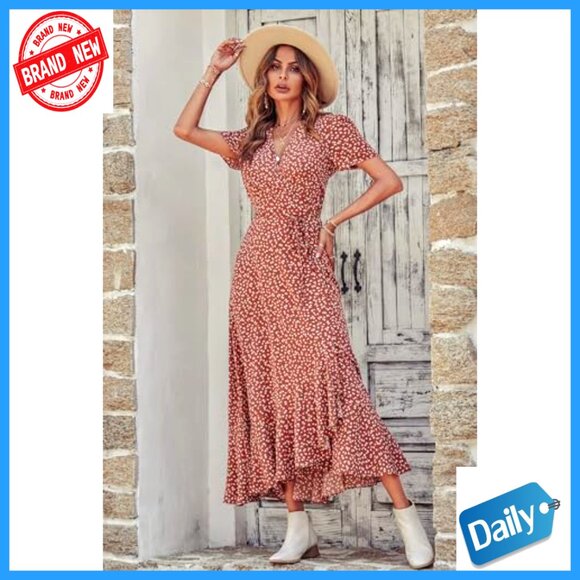 Boho Floral Maxi Dress Wrap V Neck Short Sleeve Flowy Summer Wedding Guest - Picture 2 of 7